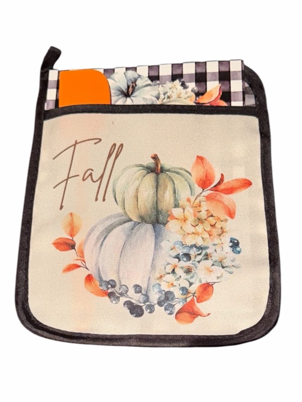 Fall Themed Pumpkin Pocket Pot Holder In Cream/Orange With Orange Spatula NWOT